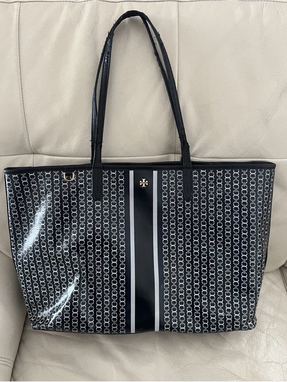 Tory Burch Black Logo-Print Tote with Center Stripe and Gold Logo,